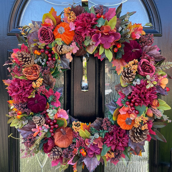 Luxury artificial burgundy velvet pumpkin autumn wreath