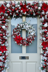 Full door view of luxury artificial red and white snowy poinsettia wreath 