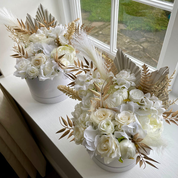 Luxury artificial hat box flower arrangement ivory and gold wedding gift