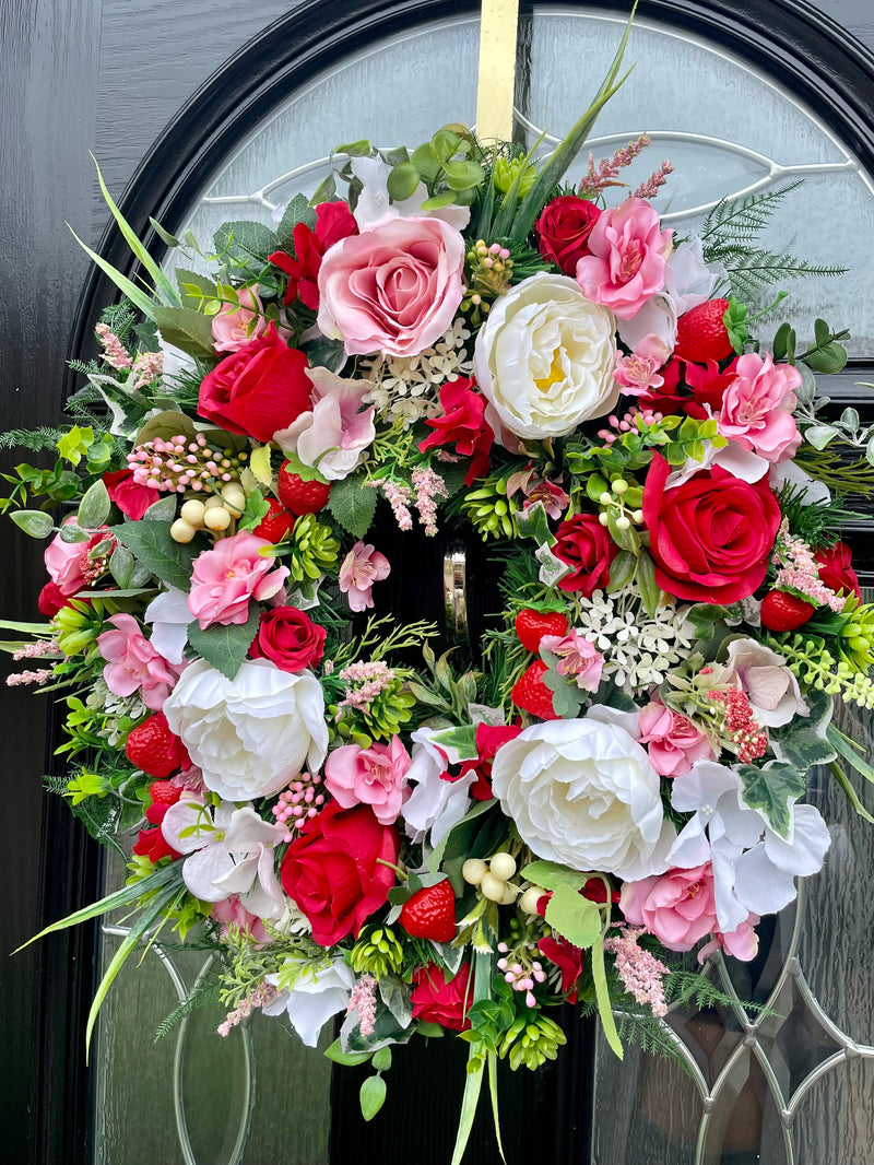 Luxury artificial strawberries and cream summer wreath