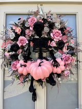 Extra large luxury skeleton Halloween wreath pink and black