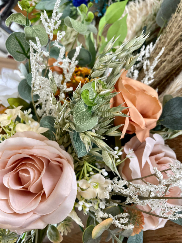 Luxury rustic nude and orange silk, preserved and pampas wedding bouquet collection