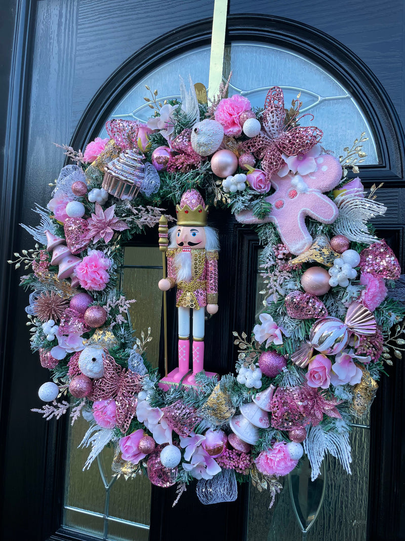 Large luxury pink nutcracker Christmas wreath