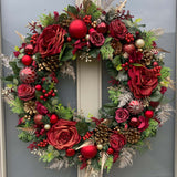 Extra Large rich red rose artificial Christmas Wreath New featuring lush red roses, baubles, and festive greenery.