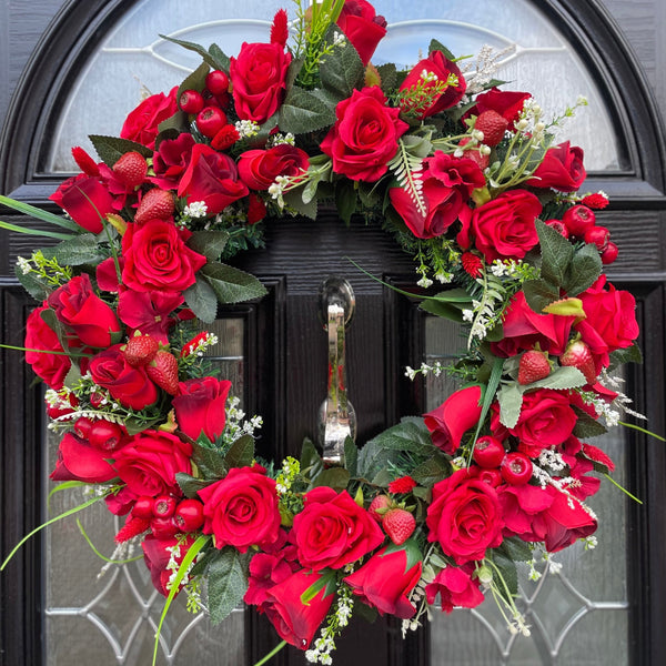 Luxury artificial Red rose and strawberry valentines wreath