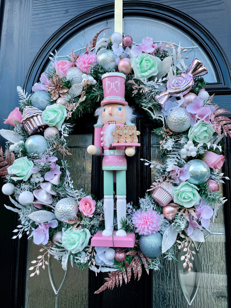 Pink and mint luxury large Christmas nutcracker sweetie wreath