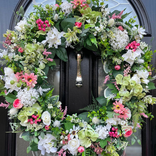Extra large 60cm luxury faux wreath with mainly whites and greens with bright splashes of pink