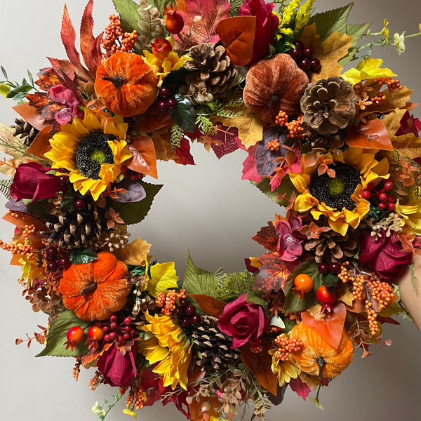 Sunflower Pumpkin and berry artificial autumn wreath