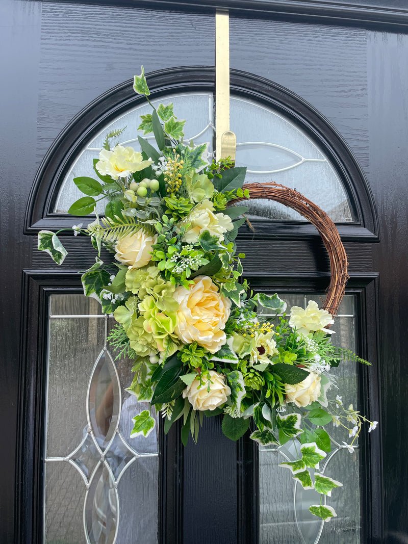 Luxury artificial lemon peony and rose year round half wreath