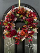 Luxury artificial burgundy velvet pumpkin autumn wreath