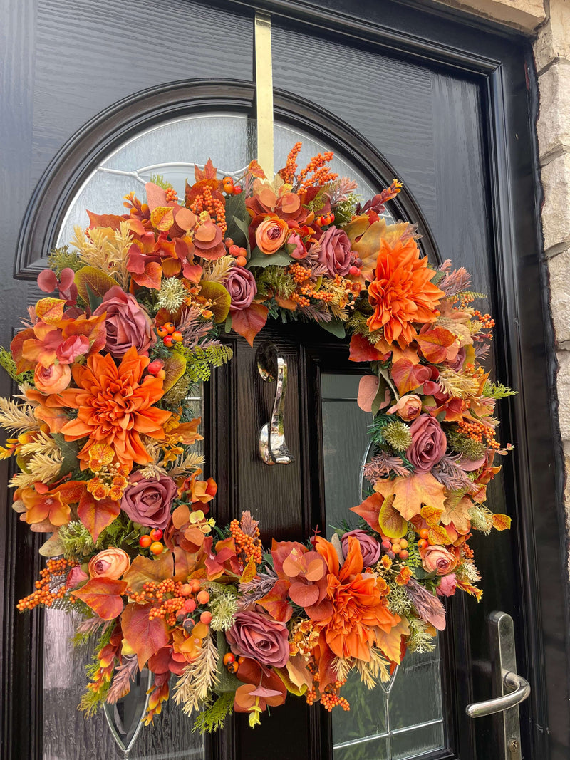 Extra large orange and brown autumn door wreath 