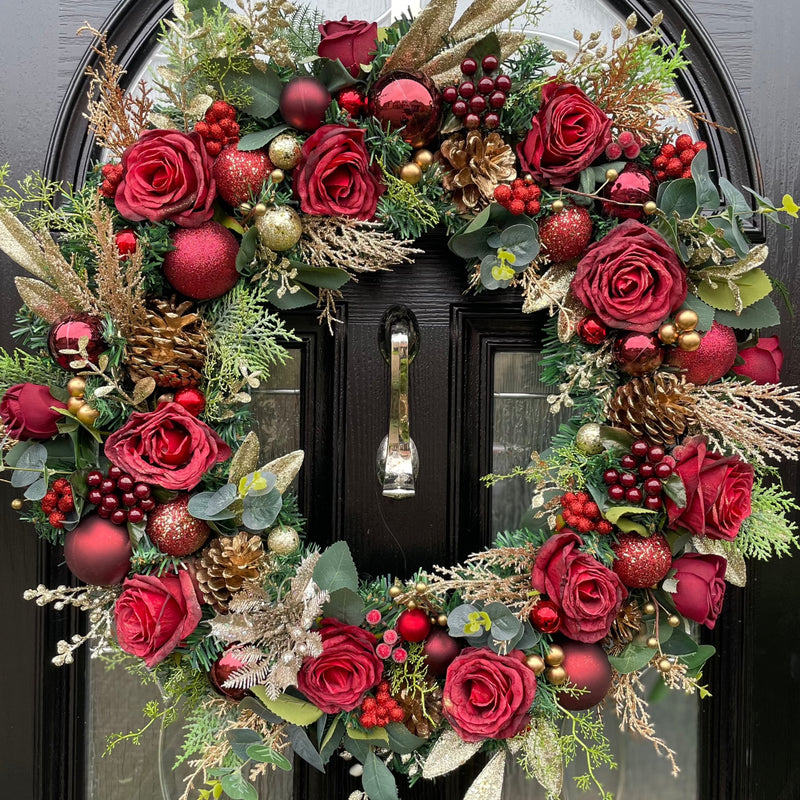 Extra Large rich red rose artificial Christmas Wreath