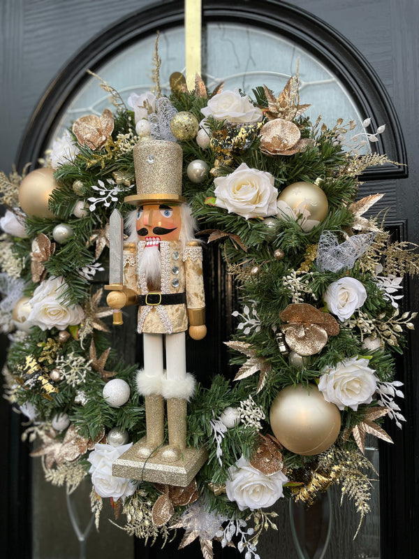 Large luxury gold artificial Christmas nutcracker wreath