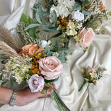 Luxury rustic nude and orange silk, preserved and pampas wedding bouquet collection