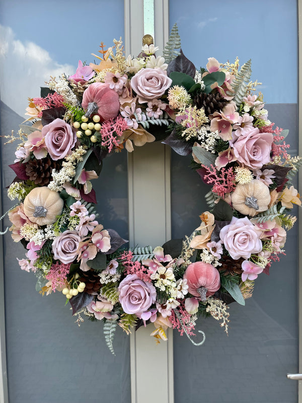 Extra large luxury artificial pink and cream autumn wreath