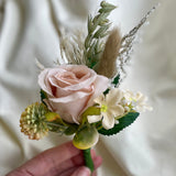 Luxury rustic nude and orange silk, preserved and pampas wedding boutonnière