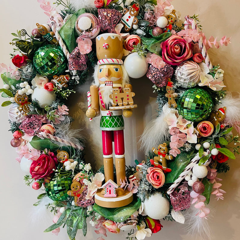 Luxury pink and green gingerbread nutcracker Christmas wreath