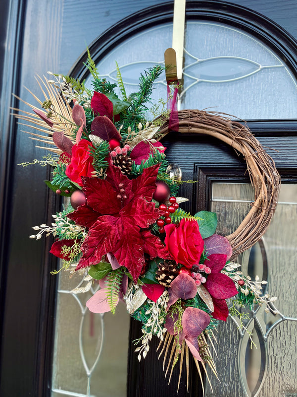 Rich red poinsettia Christmas half wreath