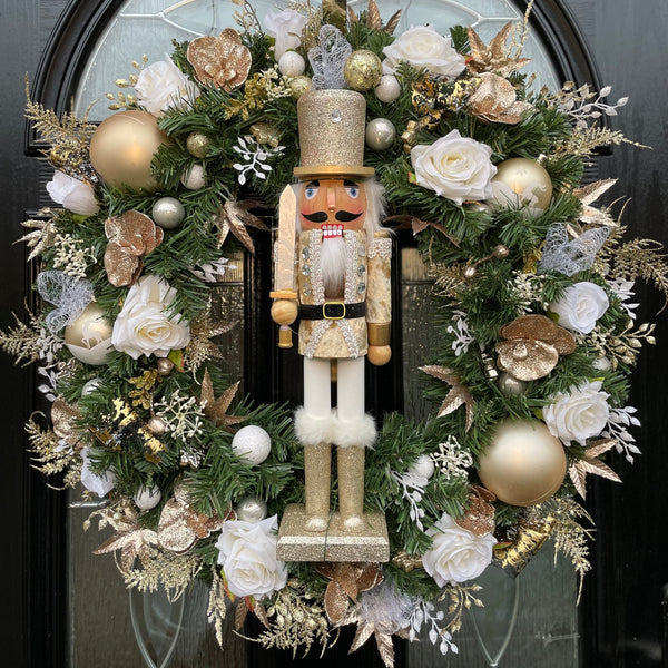 Large luxury gold artificial Christmas nutcracker wreath