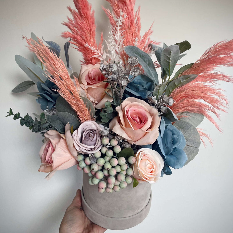 Luxury artificial flower and pampas blue and pink hat box arrangement