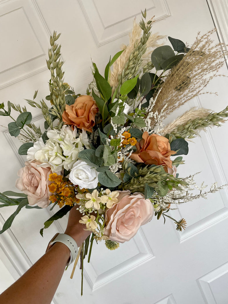 Luxury rustic nude and orange silk, preserved and pampas wedding bouquet