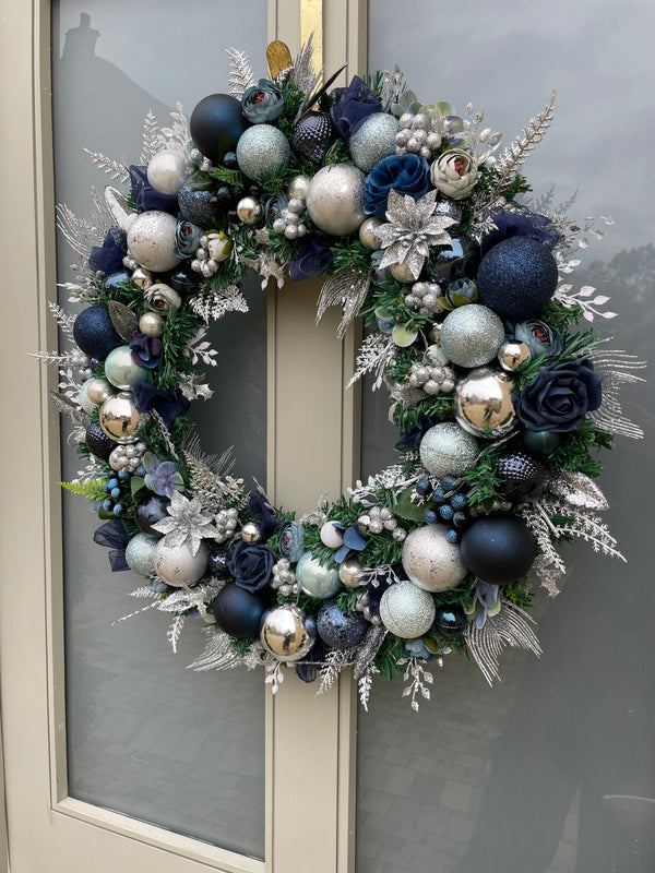 Large luxury navy blue, aqua and silver Christmas Wreath