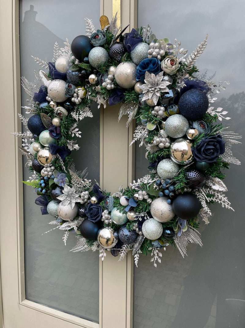 Large luxury navy blue, aqua and silver Christmas Wreath