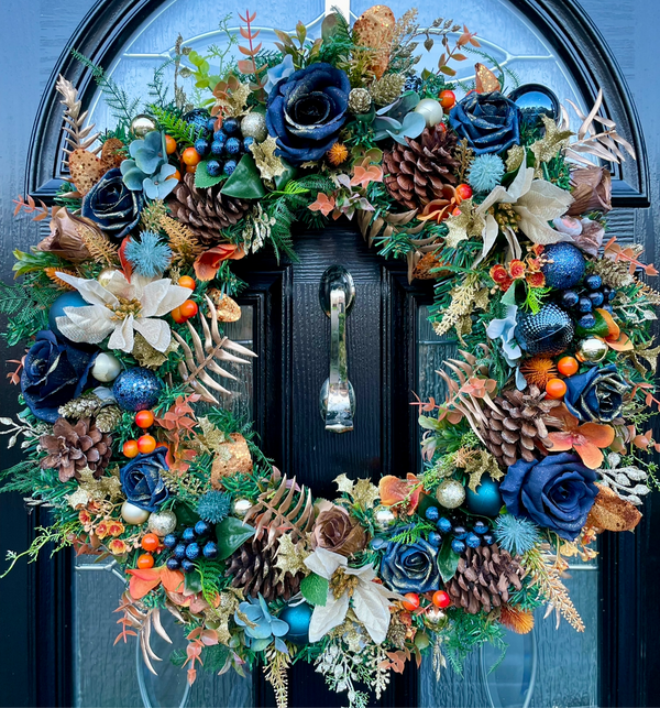 Large Luxury Navy Blue and Gold Christmas Woodland Wreath