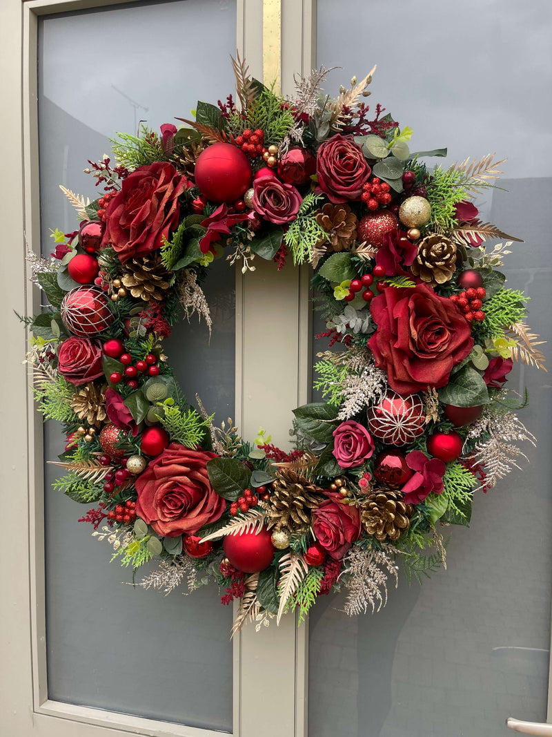 Extra Large rich red rose artificial Christmas Wreath New with luxurious red roses and lush foliage, festive door décor.