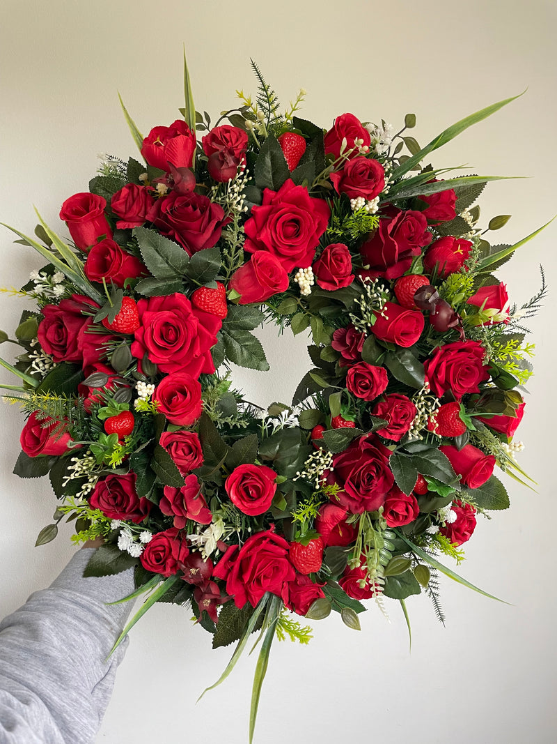 Luxury artificial Red rose and strawberry year round wreath