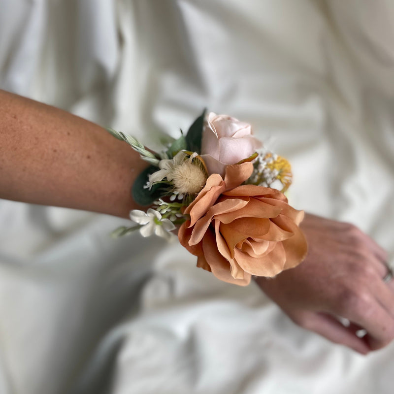 Luxury rustic nude and orange silk, preserved and pampas wedding Wrist corsage