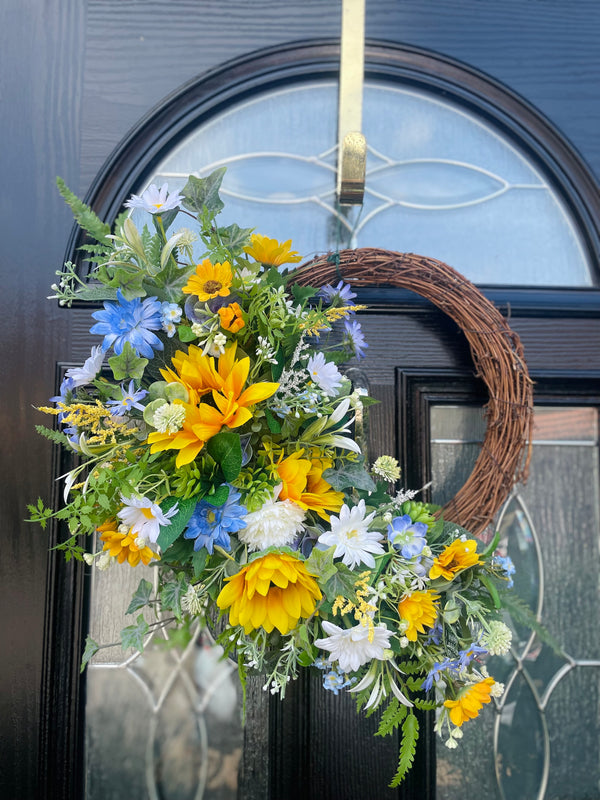 Large luxury half sunflower, blue and white summer wreath