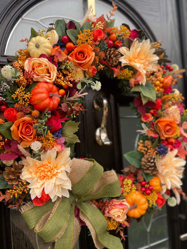 Extra large rustic orange autumn wreath with bow