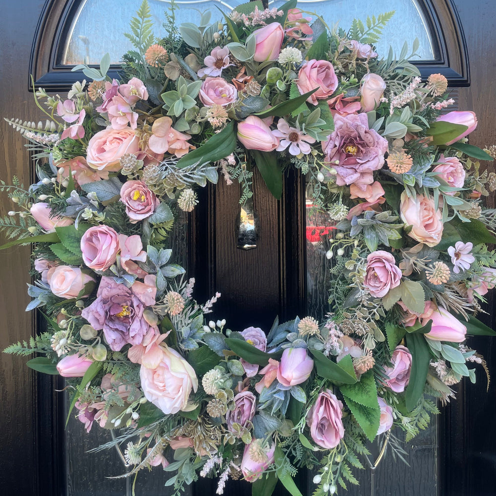 Large luxury dusky pink artificial wreath with roses and hydrangea for year-round elegance, 60cm design for front door decor.