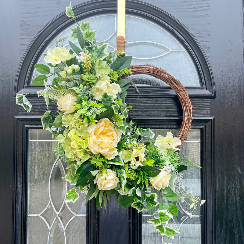 Luxury artificial lemon peony and rose year round half wreath