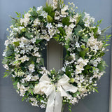 Extra large Luxury Artificial White Baby's Breath with Bow Front Door Wreath Year Round