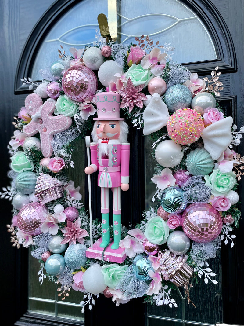 Pink and mint luxury large Christmas nutcracker sweetie wreath