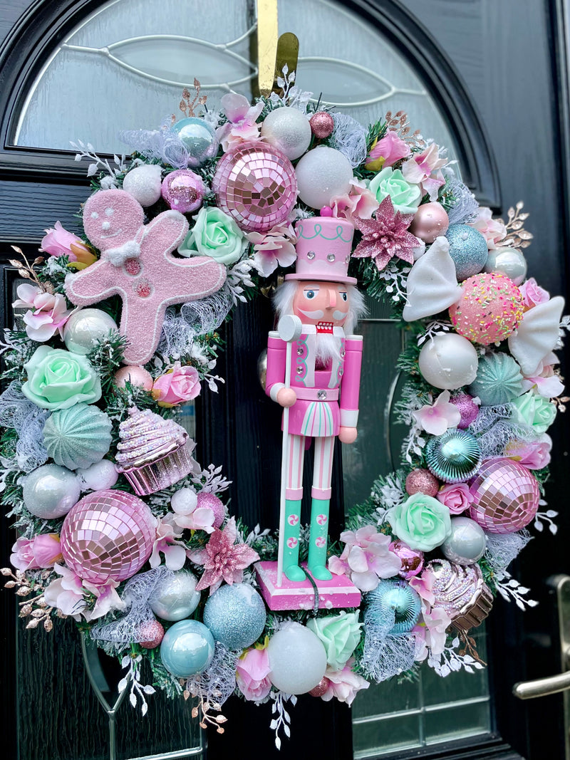 Pink and mint luxury large Christmas nutcracker sweetie wreath