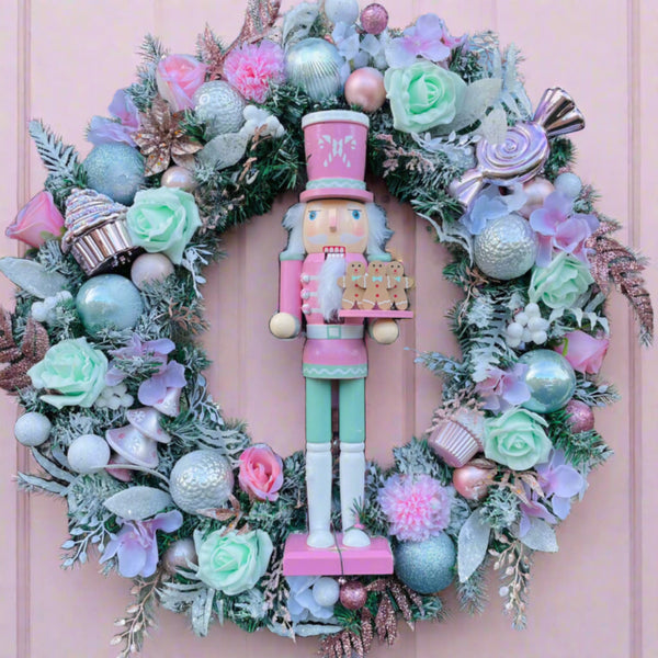 Pink and mint luxury large Christmas nutcracker sweetie wreath