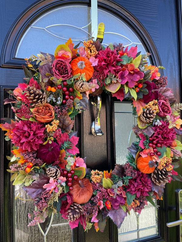Luxury artificial burgundy velvet pumpkin autumn wreath