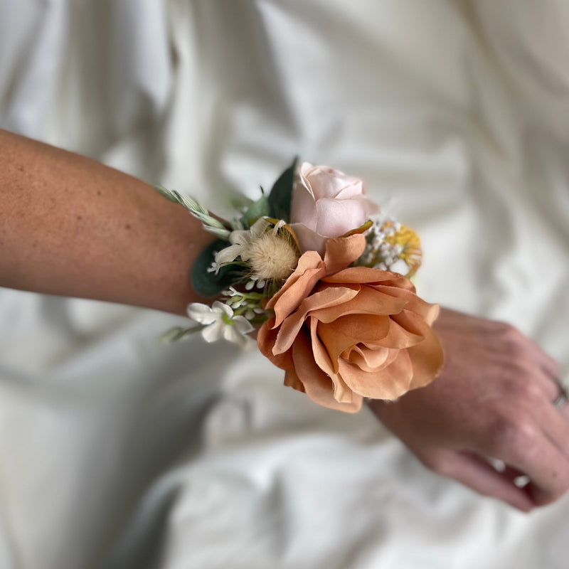 Luxury rustic nude and orange silk, preserved and pampas wedding bouquet collection