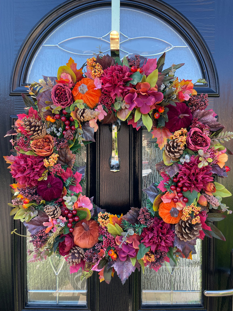 Luxury artificial burgundy velvet pumpkin autumn wreath