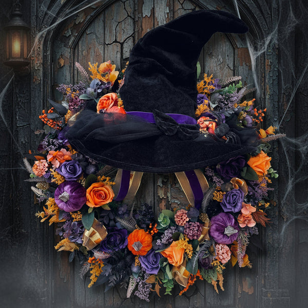 Luxury artificial witches hat Halloween wreath 