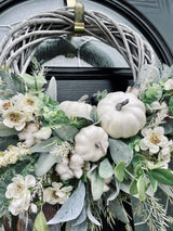 Luxury large white pumpkin Autumn grey wicker wreath