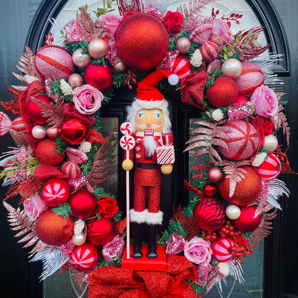 Extra large Luxury OTT pink and red Christmas nutcracker wreath