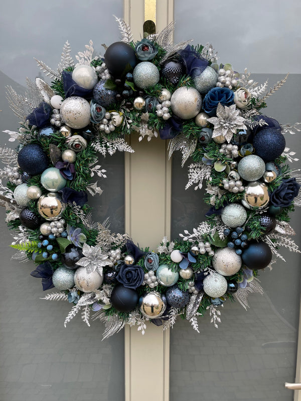 Large luxury navy blue, aqua and silver Christmas Wreath