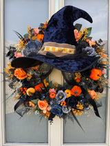 Witches hat luxury Halloween wreath blue and orange