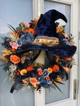Witches hat luxury Halloween wreath blue and orange
