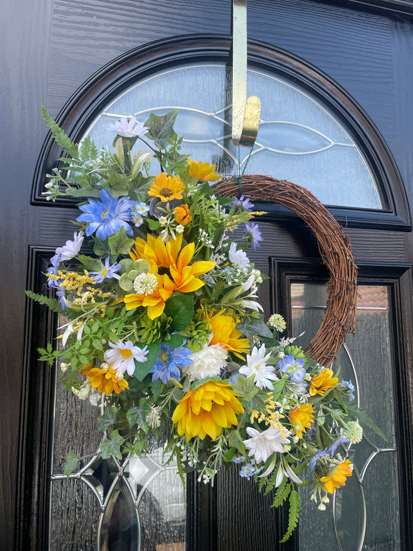 Large luxury half sunflower, blue and white summer wreath
