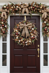 Full door view of matching wreath and garland in bronze, gold and brown 